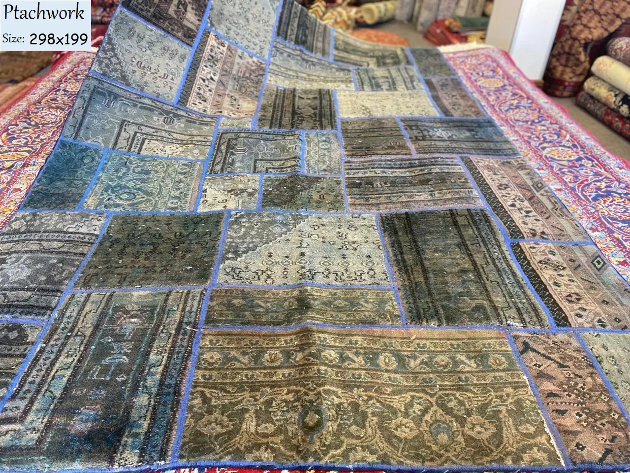 Genuine Persian patchwork rug, Size: 298 x 199 cm, vintage hand knotted by natural wool, over dyed,  R20 000 valuation certificate.