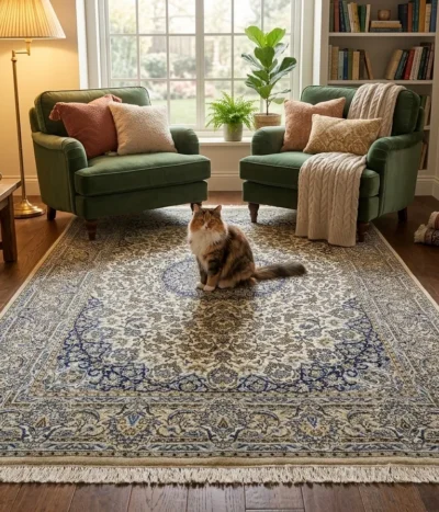Persian Imperial Nain rug, Size: 300 × 200 cm, Pearl Ivory, Cream, 400 knots per square, wool on cotton, R12 000 valuation certificate.