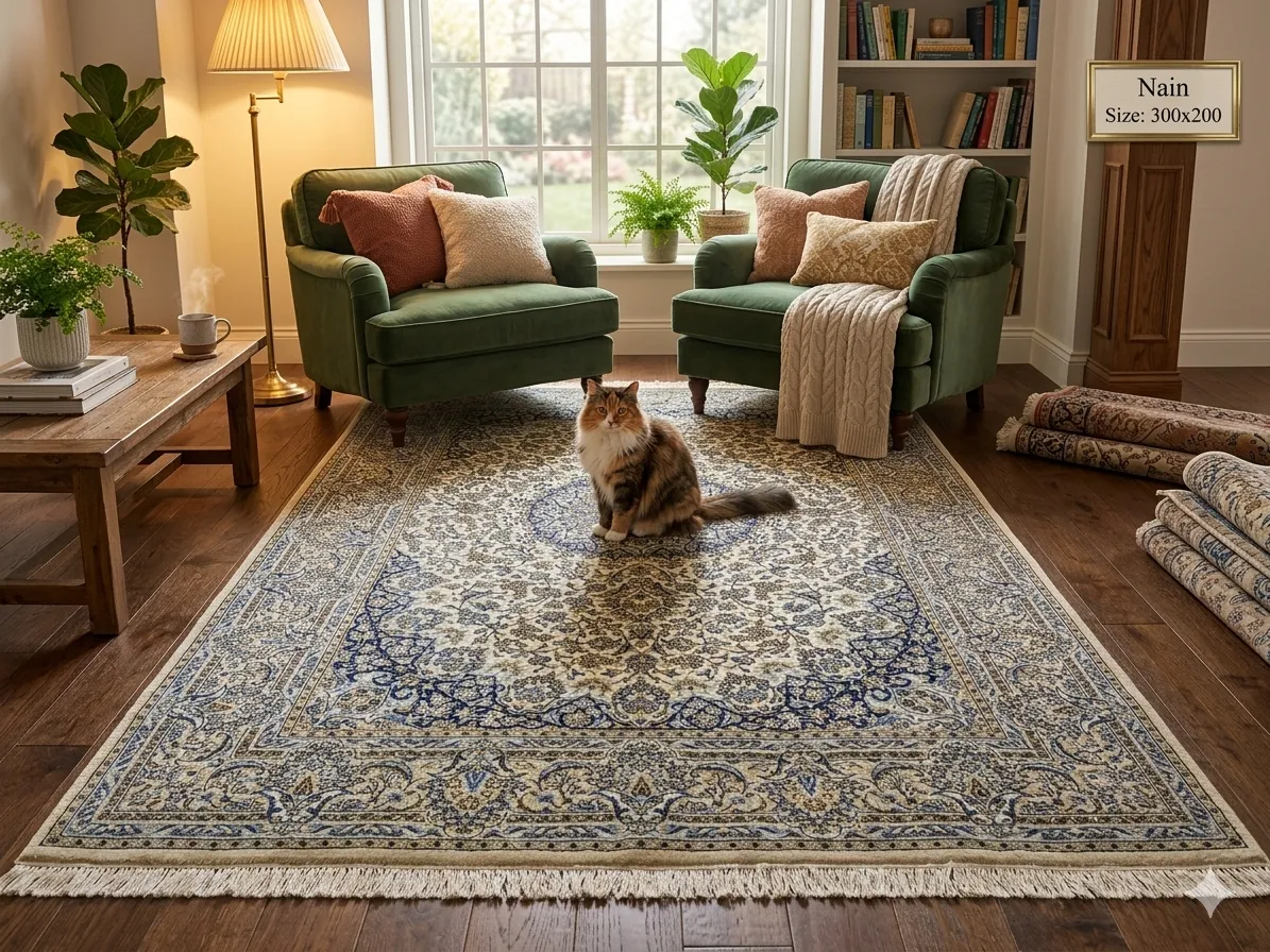 Persian Imperial Nain rug, Size: 300 × 200 cm, Pearl Ivory, Cream, 400 knots per square, wool on cotton, R12 000 valuation certificate.