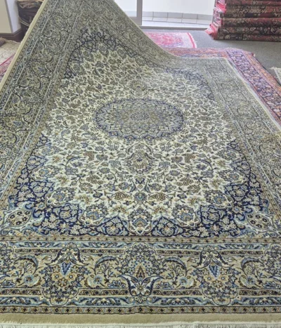 Persian Imperial Nain rug, Size: 300 × 200 cm, Pearl Ivory, Cream, 400 knots per square, wool on cotton, R12 000 valuation certificate.