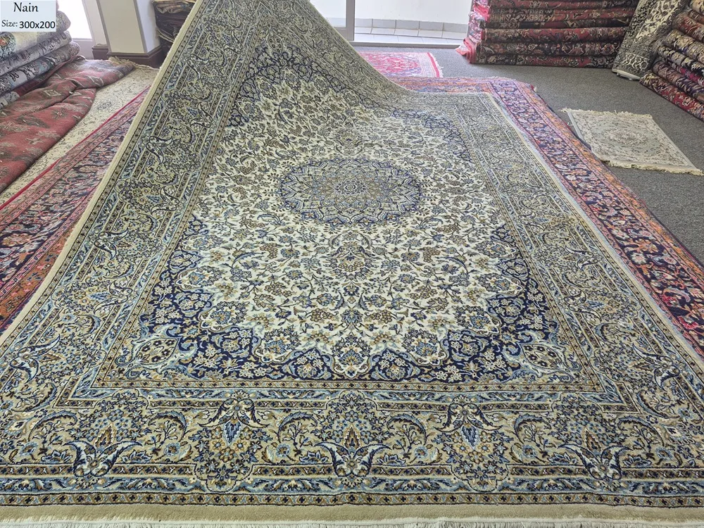 Persian Imperial Nain rug, Size: 300 × 200 cm, Pearl Ivory, Cream, 400 knots per square, wool on cotton, R12 000 valuation certificate.
