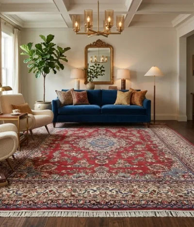 Pre-Loved Persian Kerman carpet, Size: 405 x 320 cm, fine hand knotted by natural wool & vegetable dye.