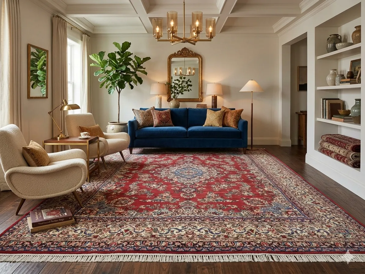 Pre-Loved Persian Kerman carpet, Size: 405 x 320 cm, fine hand knotted by natural wool & vegetable dye.