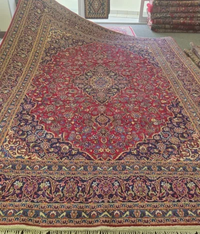 Persian handmade Kashan rug, Size 385 × 300 cm, hand knotted by natural wool & vegetable dye, R15 000 valuation certificate.