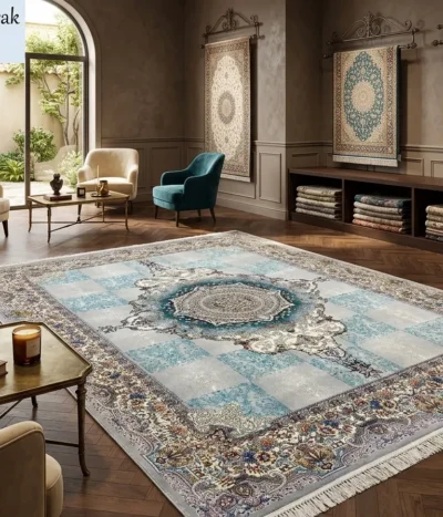 Persian rug Chakawak design, Size: 400 x 300 cm, blue, 700 knots quality, machine made. R15 000 valuation certificate & exchange warranty.