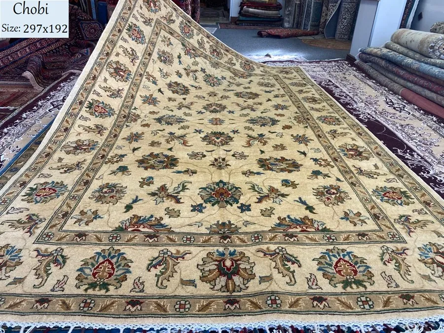 Premium Afghan Chobi rug, Size: 297x192 cm, Beige color, Fine hand knotted by natural wool & vegetable dye, R30 000 valuation certificate.