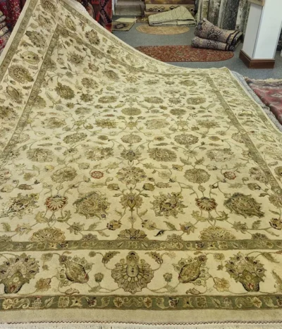 Second hand premium golden Chobi rug, Size: 364 x 275 cm, all-over  Oushak-inspired floral patterns, silk on wool Quality.