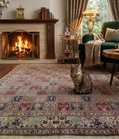 Premium Hand-knotted Bakhtiari Persian wool and silk rug with the iconic Khesti (garden panel) design, Size: 343 x 244 cm.