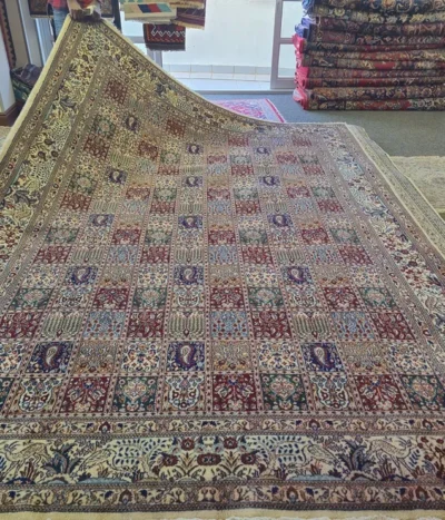 Premium Hand-knotted Bakhtiari Persian wool and silk rug with the iconic Khesti (garden panel) design, Size: 343 x 244 cm.