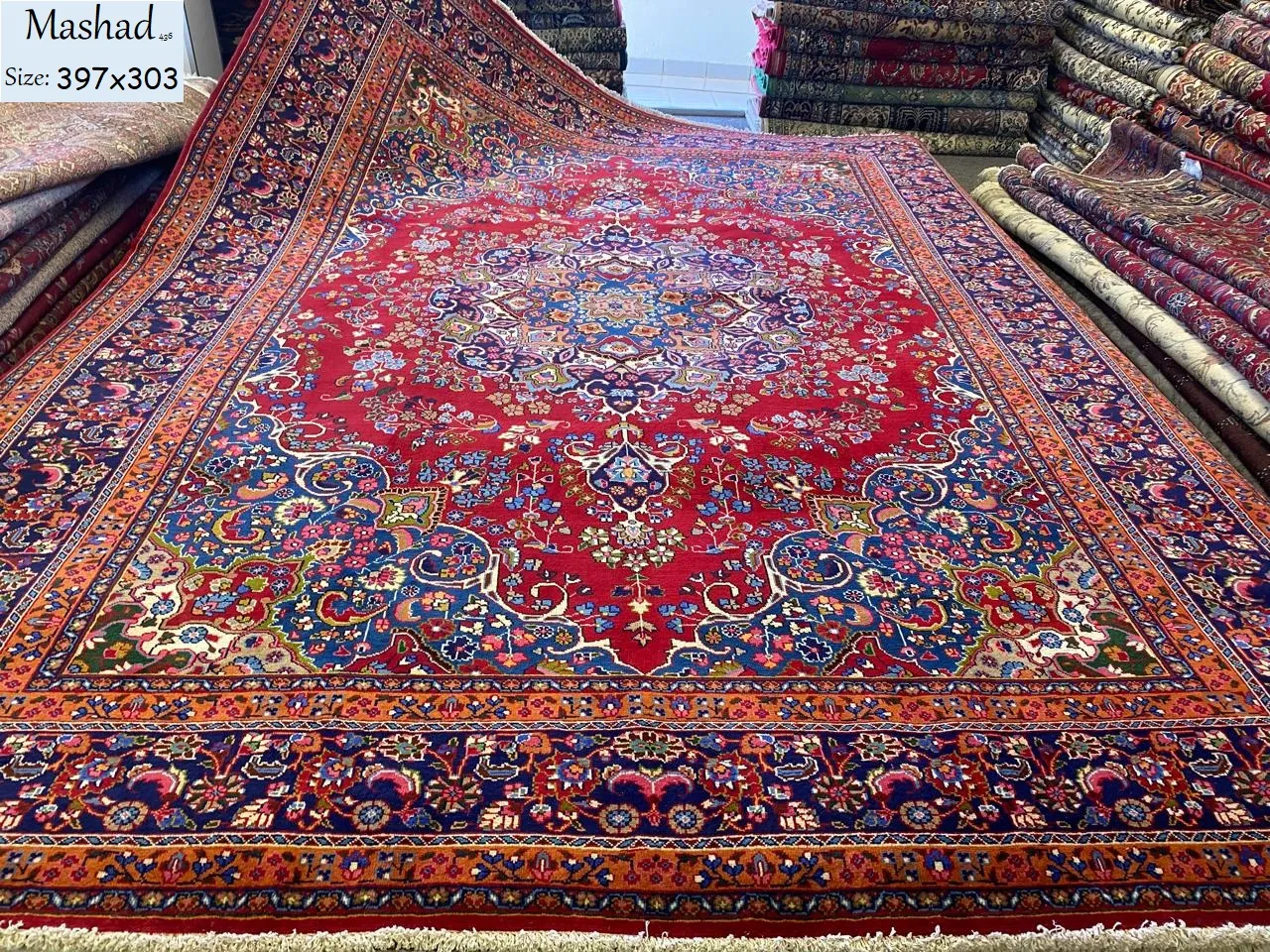 Premium Mashad carpet, Size: 397 x 303 cm, fine hand knotted by natural wool & vegetable dye. R26 000 valuation certificate, Imported from Iran.