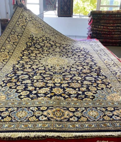 Premium Nain carpet, Size: 335 x 237 cm, golden navy color, fine hand knotted by natural wool & vegetable dye, R40 000 valuation certificate & exchange warranty. Imported from Iran.