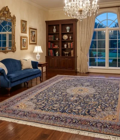 Premium Hand-Knotted Nain Persian Rug, Size: 384 x 297 cm, magnificent ivory sunburst central medallion surrounded by a complex network of interlacing islimi (arabesque) vines and floral blossoms.High-grade wool on a fine cotton foundation.