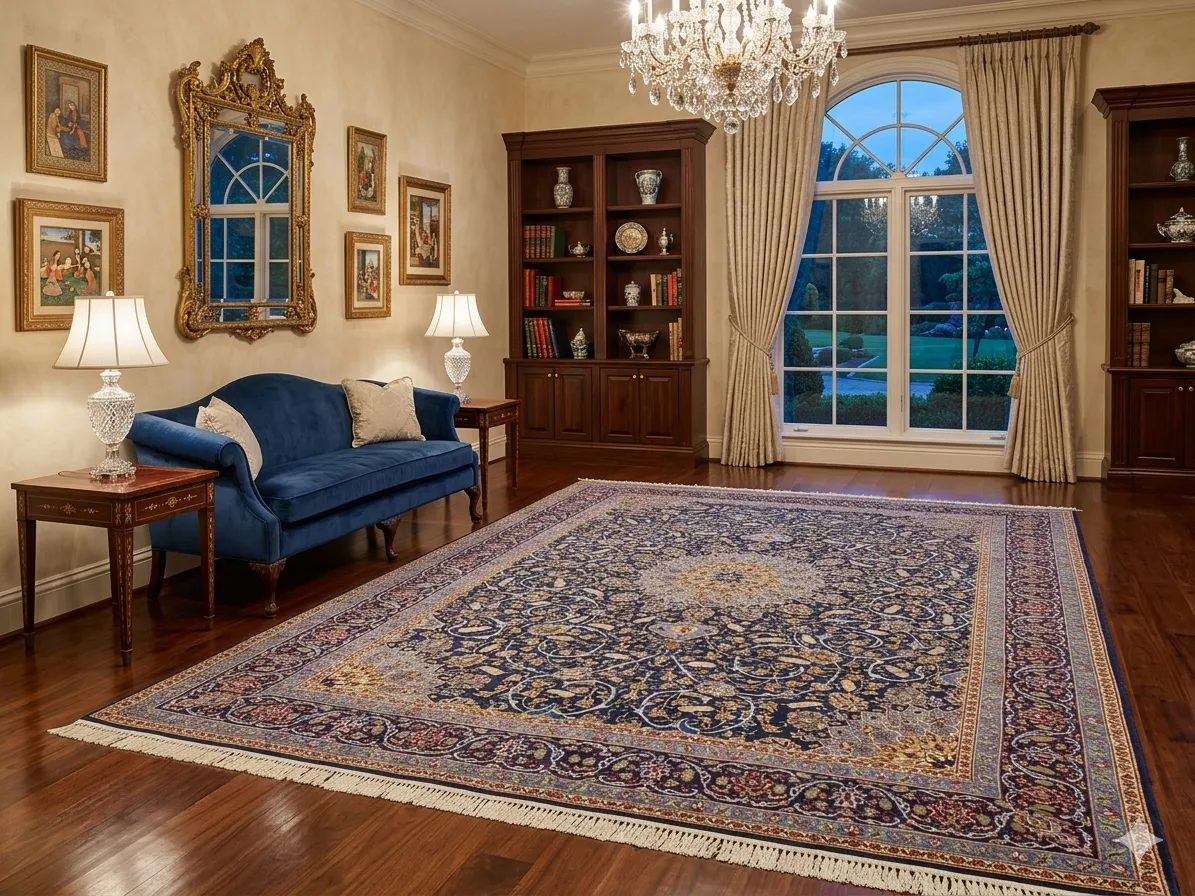 Premium Hand-Knotted Nain Persian Rug, Size: 384 x 297 cm, magnificent ivory sunburst central medallion surrounded by a complex network of interlacing islimi (arabesque) vines and floral blossoms.High-grade wool on a fine cotton foundation.