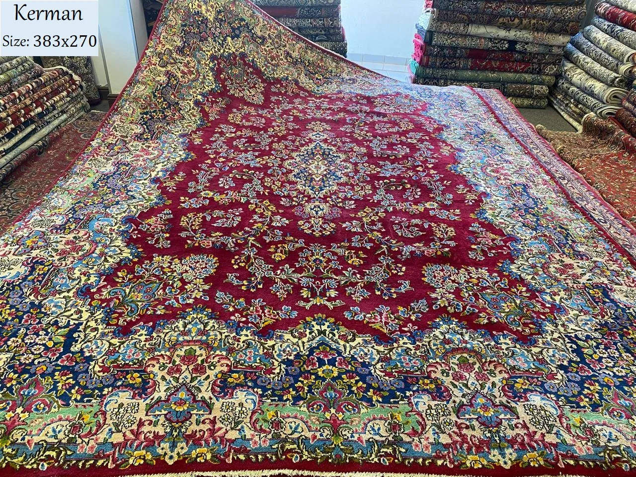 Premium Persian handmade Kerman, Size: 383 x 270 cm, fine knotted by natural wool & vegetable dye, R45 000 valuation certificate & exchange warranty. Imported from Iran.