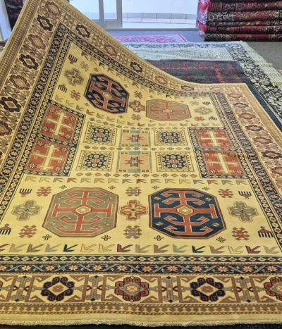 Premium golden Qazaq, Size: 214 x 195 cm, Afghan rug, fine hand knotted by silk on wool, R25 000 valuation.