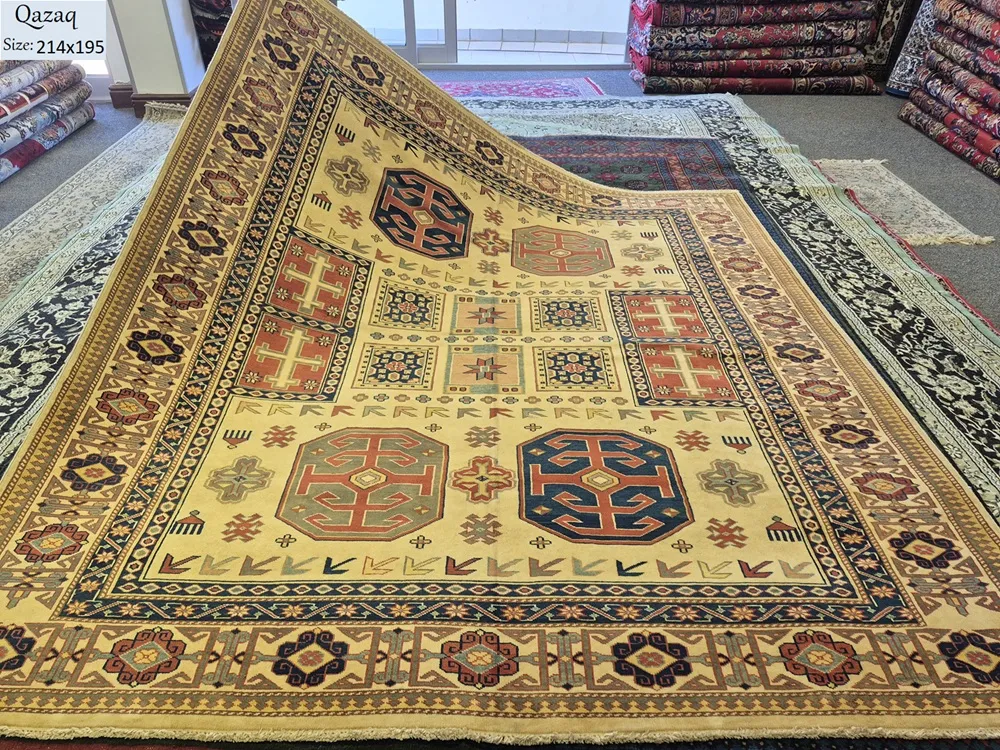Premium golden Qazaq, Size: 214 x 195 cm, Afghan rug, fine hand knotted by silk on wool, R25 000 valuation.