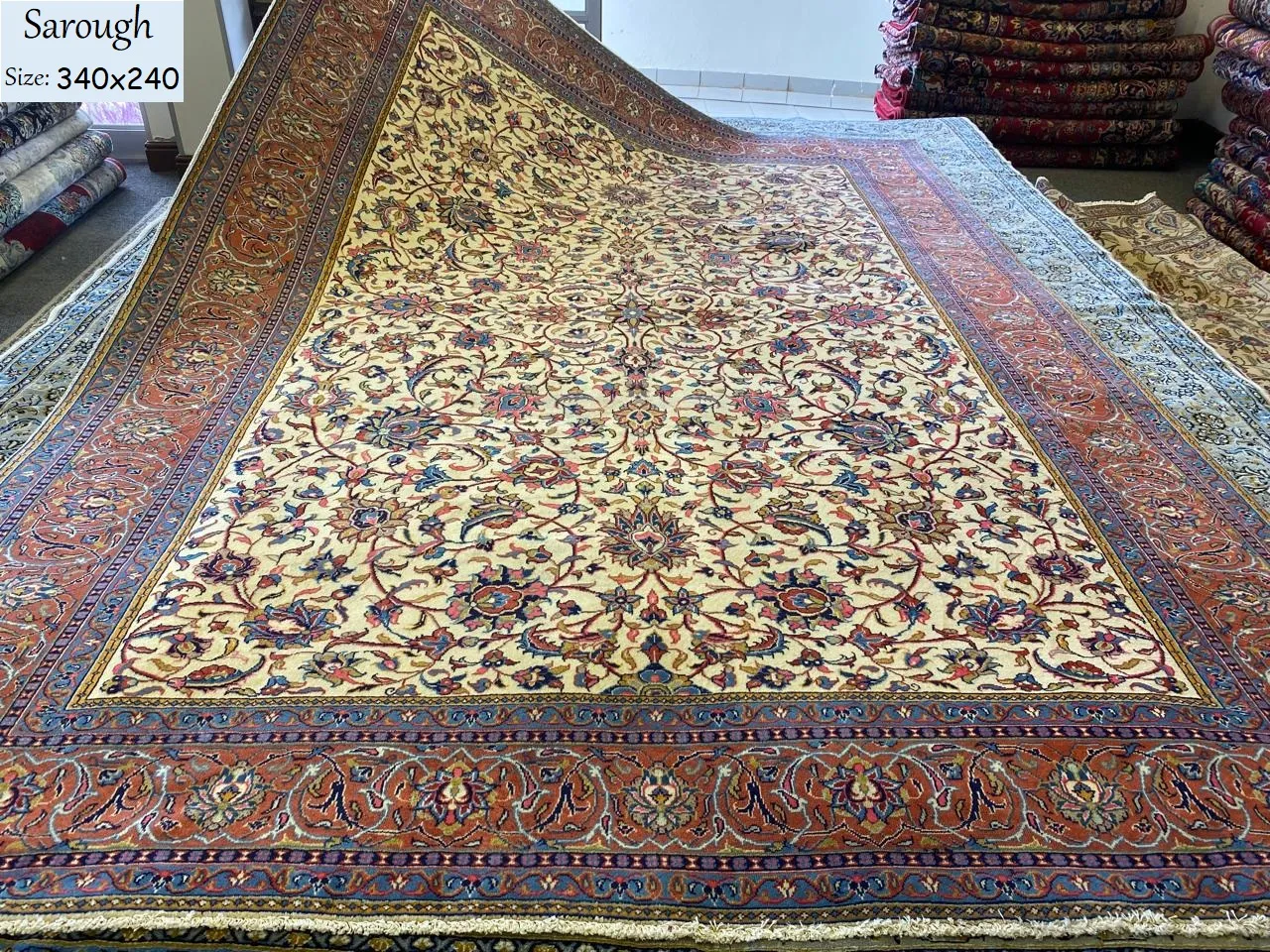 Premium Sarough, Size: 340x240 cm, fine hand knotted rug, natural wool & vegetable dye, R50 000 valuation certificate and exchange warranty.
