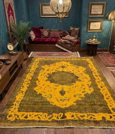 Reloaded rug, Size: 278 x 191, Hand Knotted, Faded genuine vintage Persian rug, blends traditional Persian geometry with a daring contemporary palette.