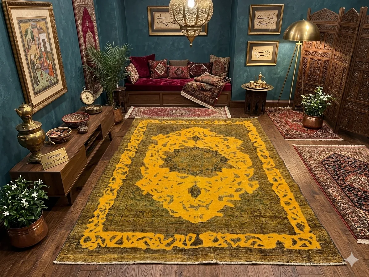 Reloaded rug, Size: 278 x 191, Hand Knotted, Faded genuine vintage Persian rug, blends traditional Persian geometry with a daring contemporary palette.