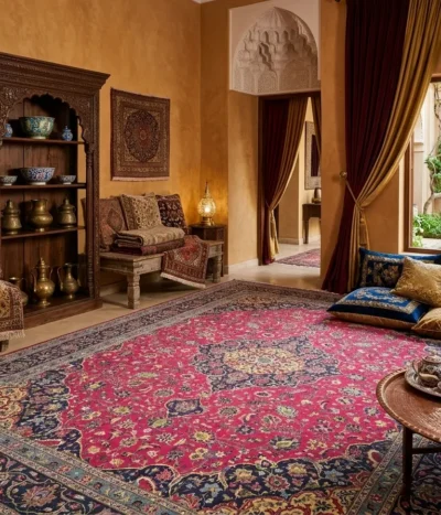 Rose-Tone Kashan Rug, Size 398 x 305 cm, Fine hand-Knotted by natural wool & vegetable dye, Rose-Red, Navy Blue, and Soft Ivory Intricate Floral Medallion.