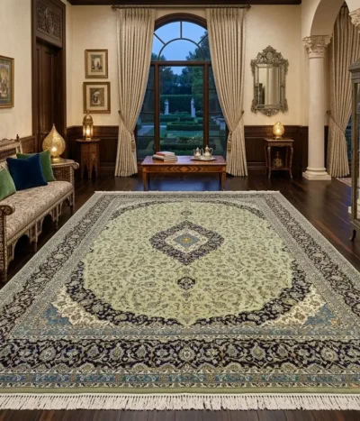 Sage Kashan rug, Size: 400 x 300 cm, 400 knots wool on cotton quality, R14 000 valuation certificate.