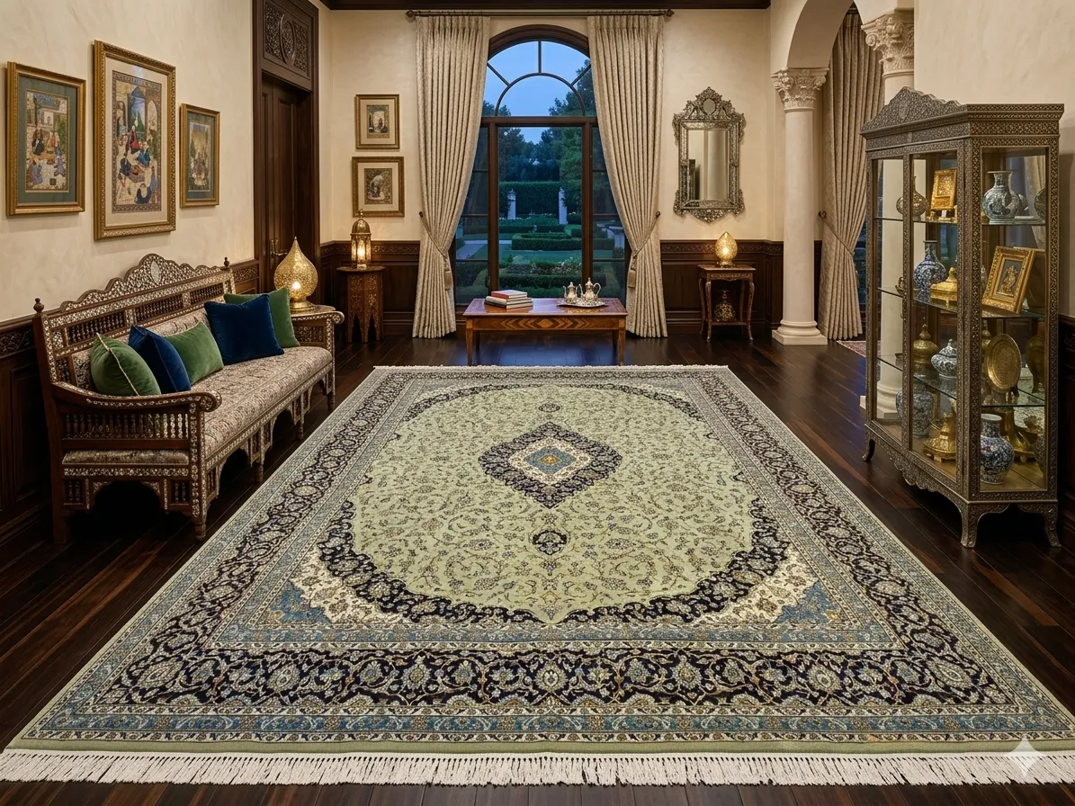 Sage Kashan rug, Size: 400 x 300 cm, 400 knots wool on cotton quality, R14 000 valuation certificate.