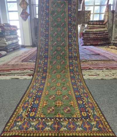 Hand-knotted Sage Green Afghan Hallway runner, Size: 282 x 79 cm, featuring traditional tribal patterns, High-quality wool.