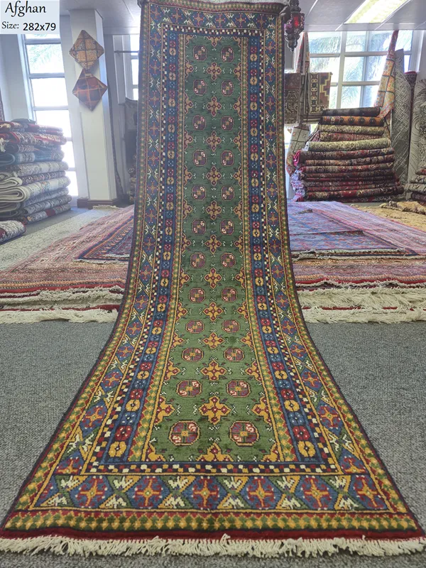 Hand-knotted Sage Green Afghan Hallway runner, Size: 282 x 79 cm, featuring traditional tribal patterns, High-quality wool.