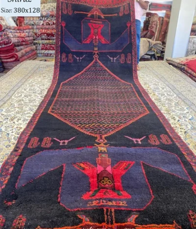 Tribal Shiraz hallway runner, Size: 380 x 128 cm, vintage handmade Persian rug, natural wool & vegetable dye. R10 000 valuation certificate