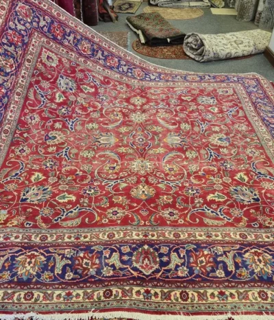 Square hand-knotted Tabriz rug, Size: 300 x 290 cm, Second hand all-Over floral Shah Abbasi, rich navy and red palette, high knot density.