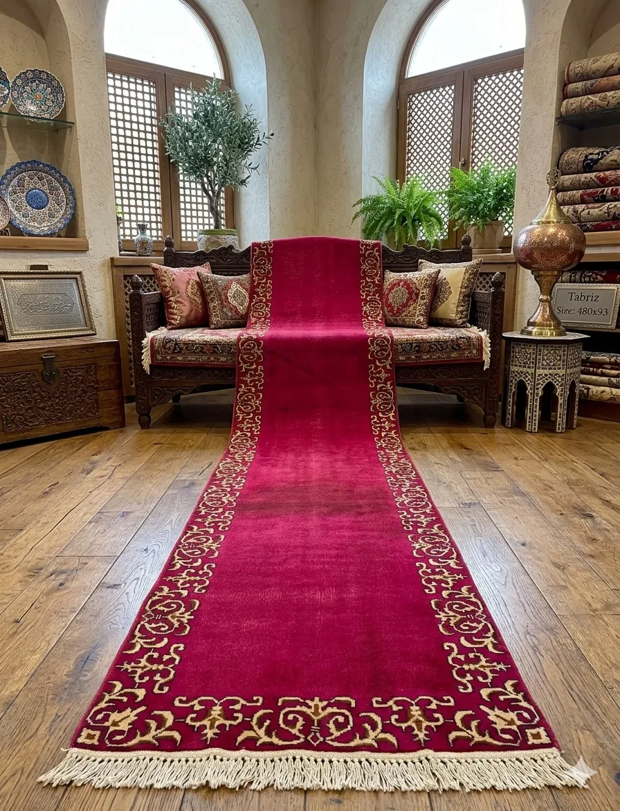 Red Persian Tabriz hallway runner, Size: 480 x 93 cm, Pre loved, Hand knotted by natural wool & vegetable dye. R15 000 valuation certificate.