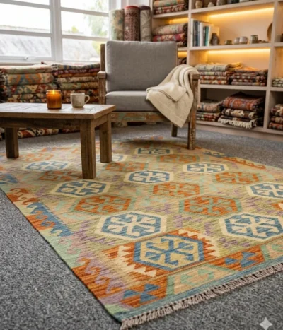 Traditional Flat-Weave Afghan Kilim, Size: 182 x 123 cm, 100% Hand-woven Wool.