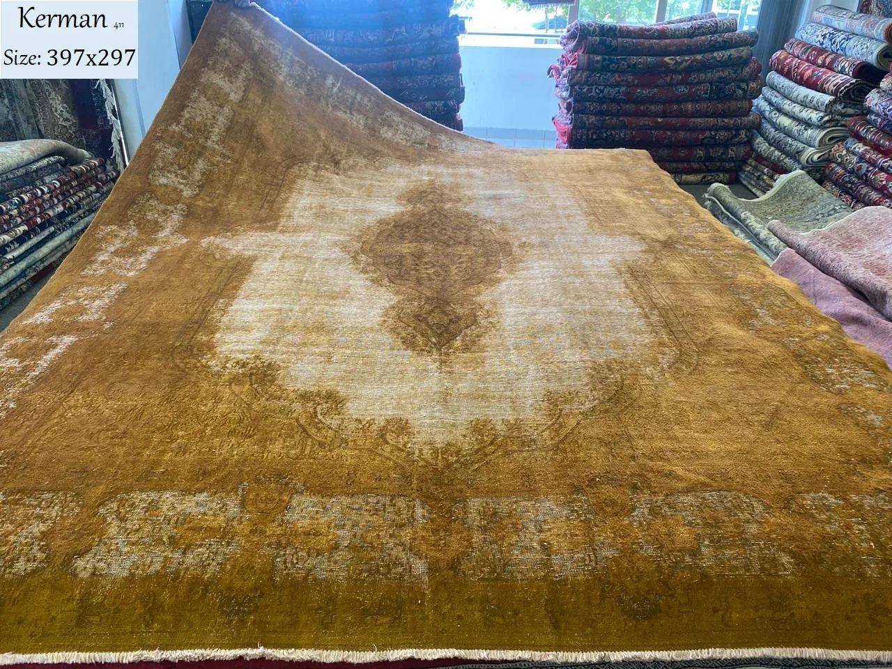 Vintage Kerman Persian rug, Size: 397x297 cm, overdyed, hand knotted by natural wool, R30 000 valuation certificate.