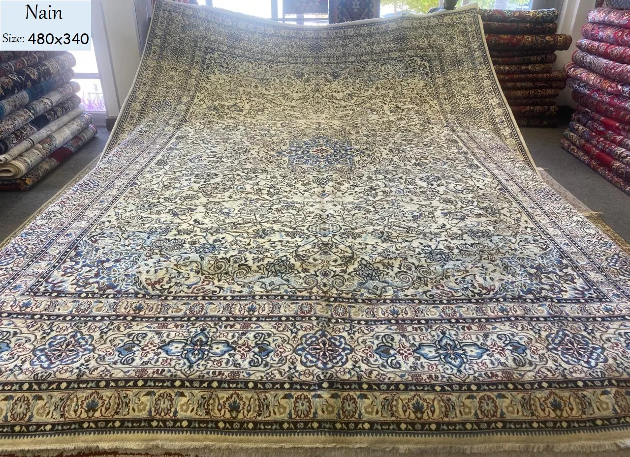 Large vintage Nain carpet, Size: 480 x 340 cm, hand knotted, around 70 years old, R35 000 valuation certificate.