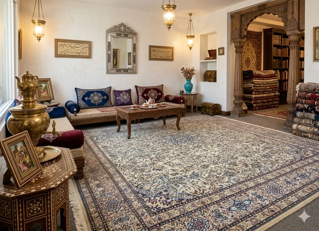 Large vintage Nain carpet, Size: 480 x 340 cm, hand knotted, around 70 years old, R35 000 valuation certificate.