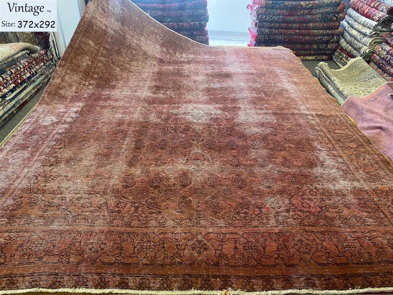 Vintage Persian rug, Size:372 x 292 cm, overdyed, handmade by natural wool, R25 000 valuation certificate.