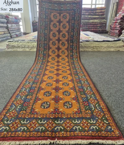 Afghan Akche hand knotted runner, Size: 284 x 80 cm, fine quality natural wool & vegetable dye.