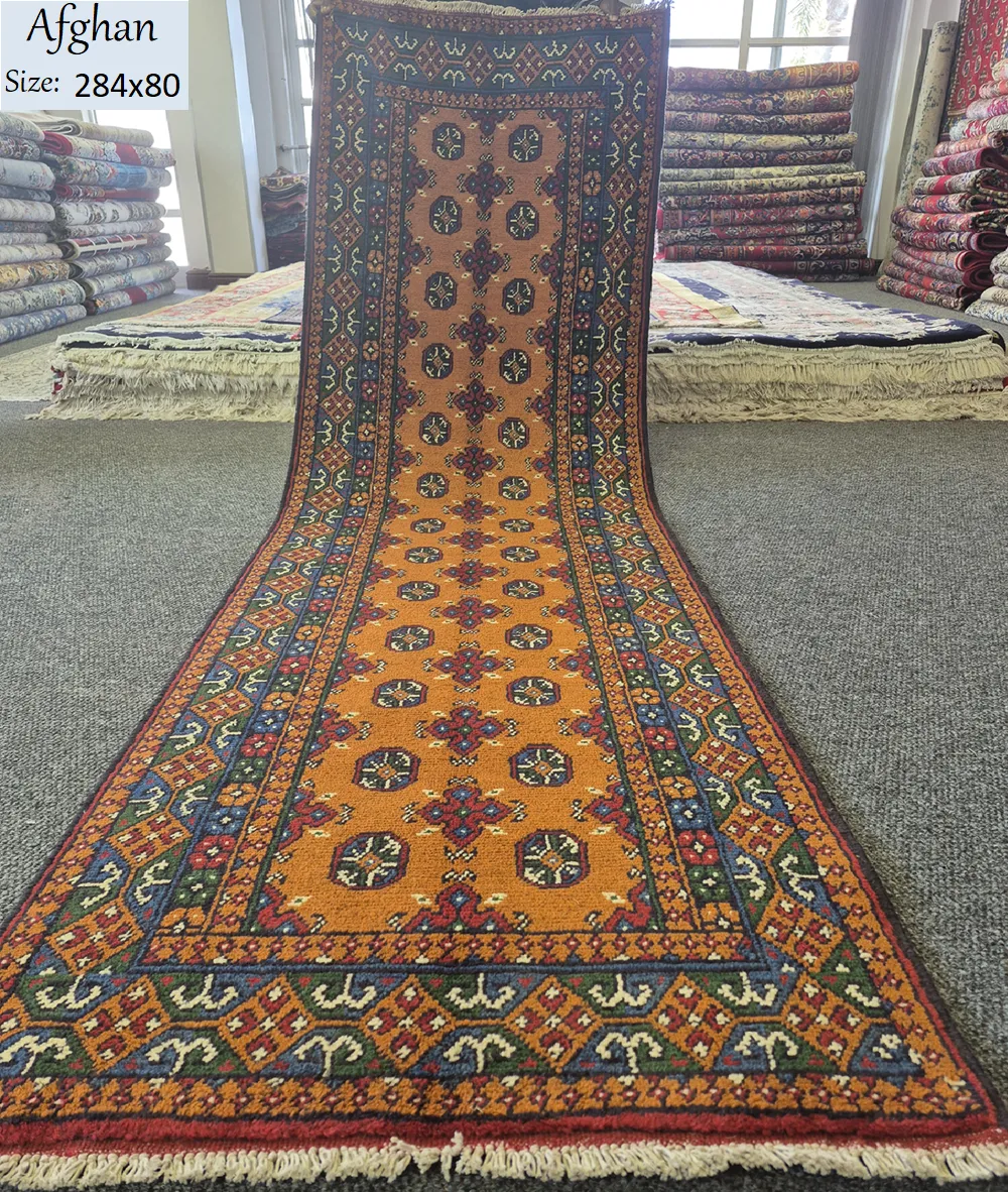 Afghan Akche hand knotted runner, Size: 284 x 80 cm, fine quality natural wool & vegetable dye.
