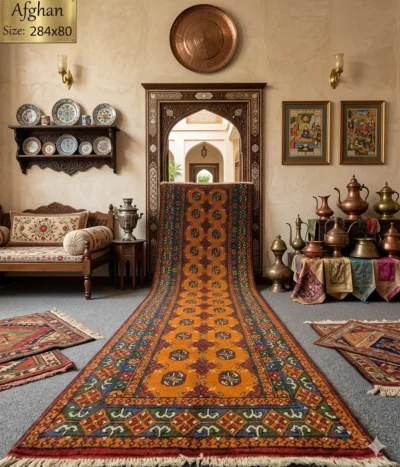 Afghan Akche hand knotted runner, Size: 284 x 80 cm, fine quality natural wool & vegetable dye.