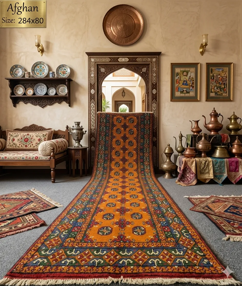 Afghan Akche hand knotted runner, Size: 284 x 80 cm, fine quality natural wool & vegetable dye.