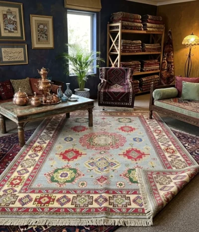 Afghan handmade Qazaq rug, Size: 238 x 148 cm, fine knotted by natural wool & vegetable dye. R18 000 valuation certificate.