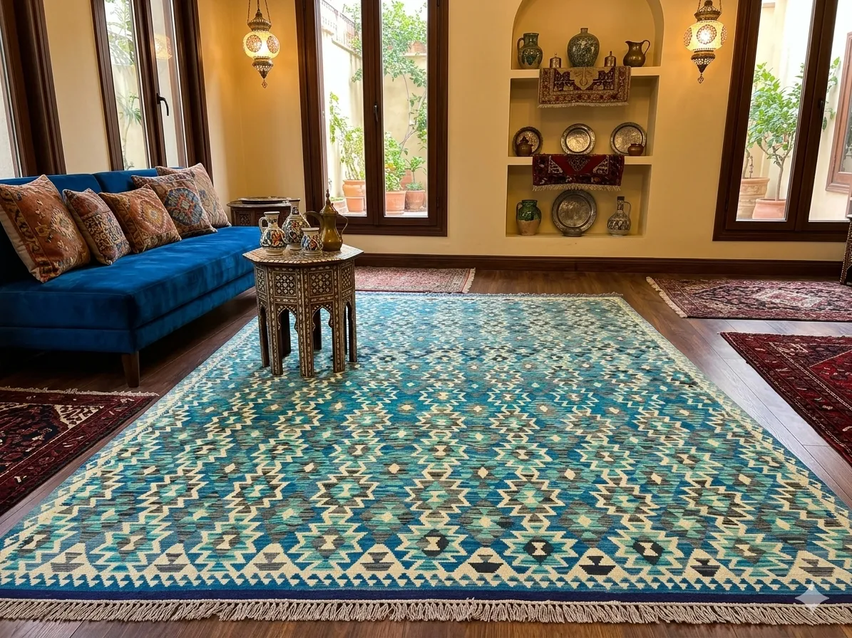 Afghan Kilim Chobi, Size: 343 x 261 cm, Natural wool & vegetable dye, Hand woven.