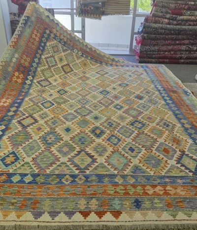 Afghan Kilim Chobi, Size: 398x298 cm, Natural wool & vegetable dye, Hand woven.