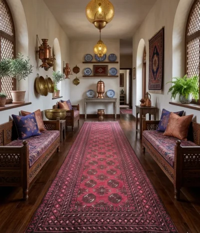 Red Afghan hallway runner, Size: 378 x 78 cm, fine quality hand knotted by natural wool & vegetable dye.