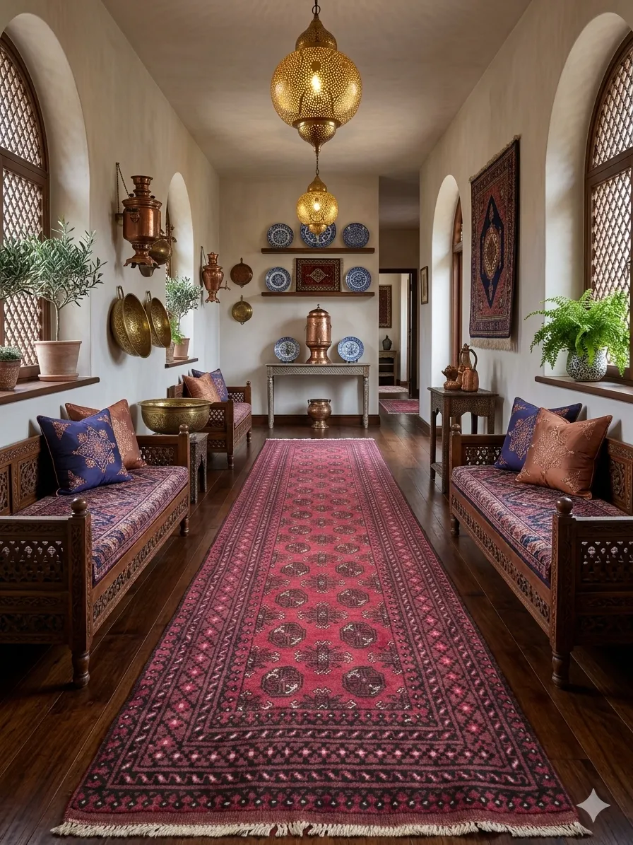 Red Afghan hallway runner, Size: 378 x 78 cm, fine quality hand knotted by natural wool & vegetable dye.