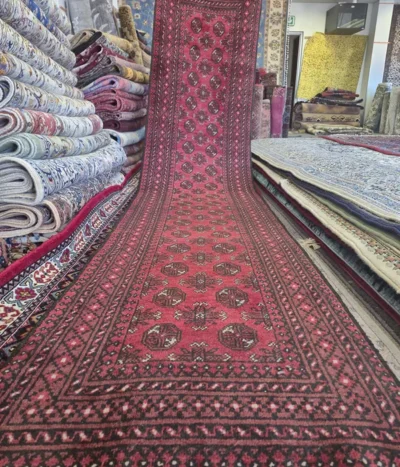 Red Afghan hallway runner, Size: 378 x 78 cm, fine quality hand knotted by natural wool & vegetable dye.