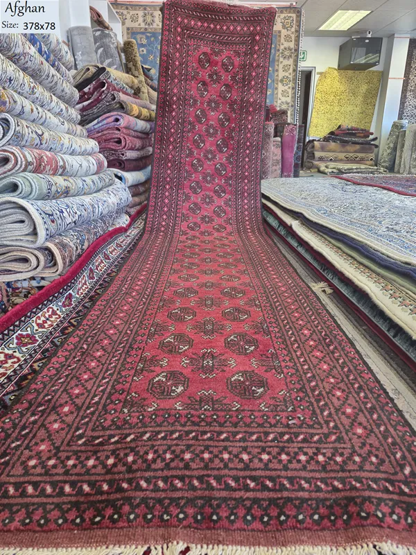 Red Afghan hallway runner, Size: 378 x 78 cm, fine quality hand knotted by natural wool & vegetable dye.
