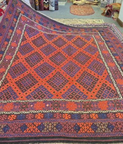 Afghan tribal Kilim Ghalmiri, Size: 295 x 252 cm, flat handwoven, natural wool & vegetable dye.