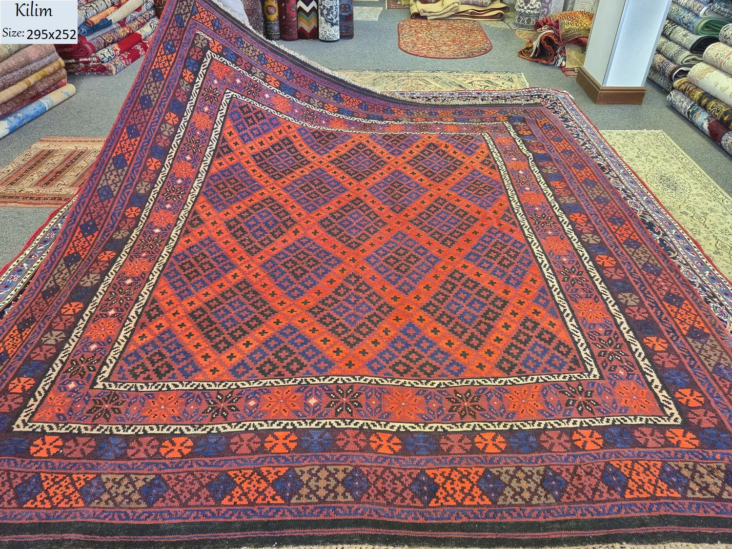 Afghan tribal Kilim Ghalmiri, Size: 295 x 252 cm, flat handwoven, natural wool & vegetable dye.