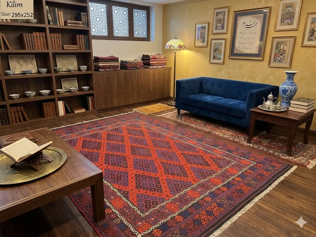 Afghan tribal Kilim Ghalmiri, Size: 295 x 252 cm, flat handwoven, natural wool & vegetable dye.